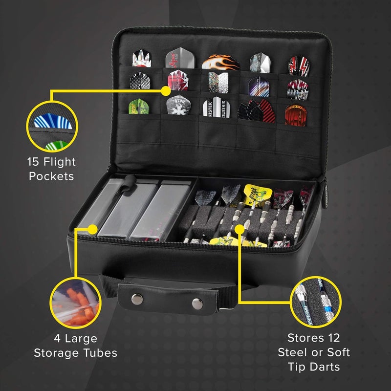 CASEMASTER The Pro Leatherette Dart Case with Leather-Like Exterior Covering, Holds 9 Steel Tip or Soft Tip Darts with 15 Built-in Pockets for Accessories and Plastic Tubes and Containers for Even More - Image 2